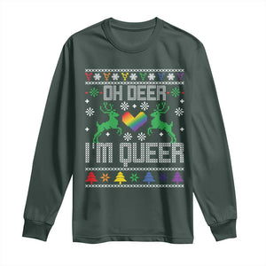 Funny LGBT Christmas Long Sleeve Shirt Oh Deer I'm Queer Rainbow LGBT Flag TS11 Dark Forest Green Print Your Wear