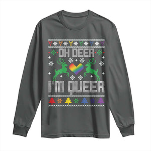 Funny LGBT Christmas Long Sleeve Shirt Oh Deer I'm Queer Rainbow LGBT Flag TS11 Dark Heather Print Your Wear