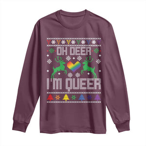 Funny LGBT Christmas Long Sleeve Shirt Oh Deer I'm Queer Rainbow LGBT Flag TS11 Maroon Print Your Wear