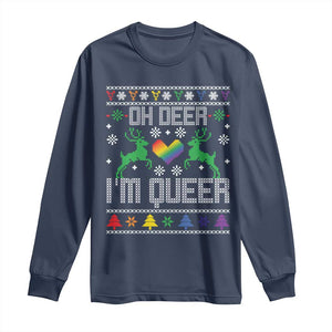 Funny LGBT Christmas Long Sleeve Shirt Oh Deer I'm Queer Rainbow LGBT Flag TS11 Navy Print Your Wear