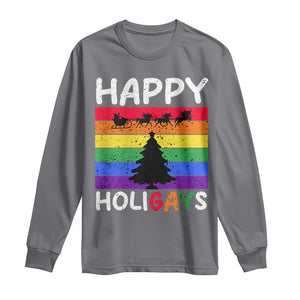 Funny LGBT Christmas Long Sleeve Shirt Happy Holigays Rainbow Stripes Unicorn Santa TS11 Charcoal Print Your Wear