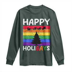 Funny LGBT Christmas Long Sleeve Shirt Happy Holigays Rainbow Stripes Unicorn Santa TS11 Dark Forest Green Print Your Wear