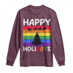 Funny LGBT Christmas Long Sleeve Shirt Happy Holigays Rainbow Stripes Unicorn Santa TS11 Maroon Print Your Wear