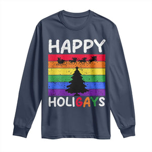 Funny LGBT Christmas Long Sleeve Shirt Happy Holigays Rainbow Stripes Unicorn Santa TS11 Navy Print Your Wear