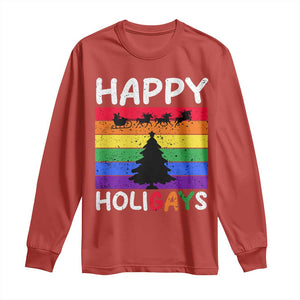 Funny LGBT Christmas Long Sleeve Shirt Happy Holigays Rainbow Stripes Unicorn Santa TS11 Red Print Your Wear