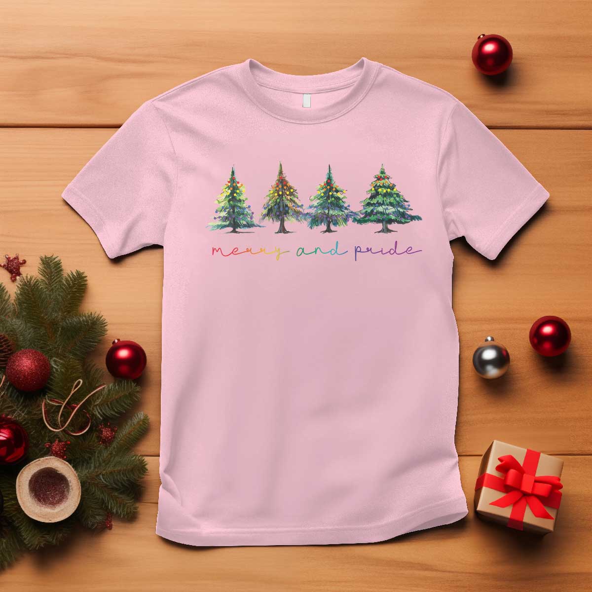 Funny Christmas LGBT T Shirt Merry And Pride Rainbow Xmas Tree TS11 Light Pink Print Your Wear