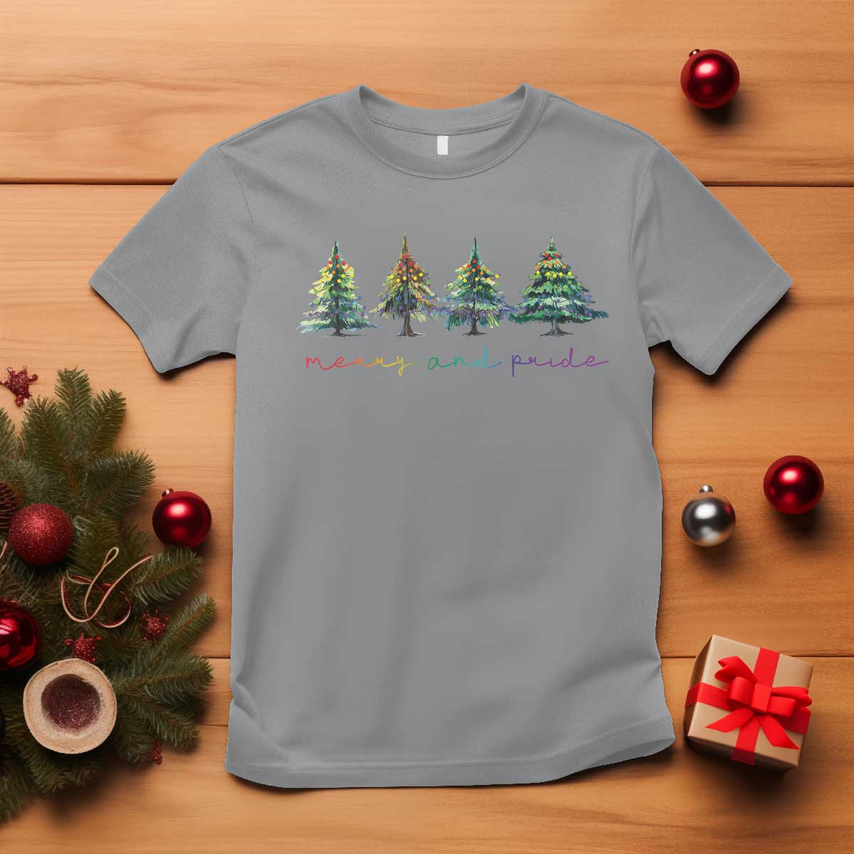 Funny Christmas LGBT T Shirt Merry And Pride Rainbow Xmas Tree TS11 Sport Gray Print Your Wear