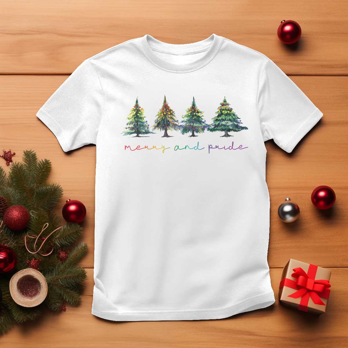Funny Christmas LGBT T Shirt Merry And Pride Rainbow Xmas Tree TS11 White Print Your Wear