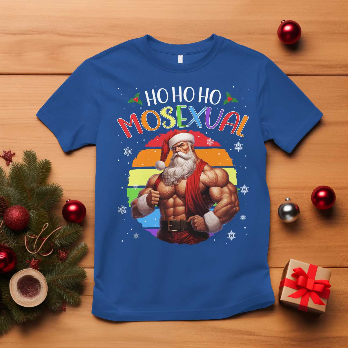 Funny Christmas LGBT T Shirt Ho Ho Ho Mosexual Rainbow Santa TS11 Royal Blue Print Your Wear