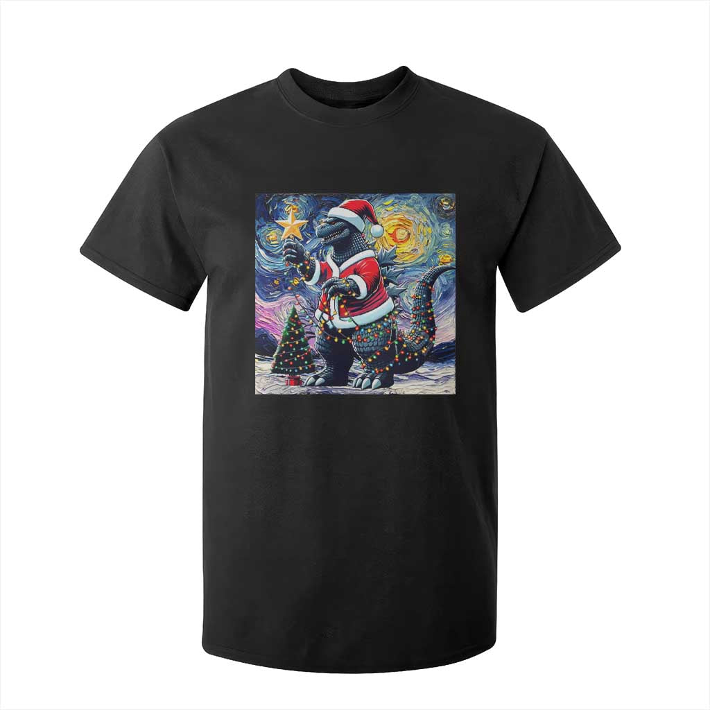 Funny Christmas Santa Godzilla Japanese Monster Starry Night T Shirt For Kid TS11 Black Print Your Wear