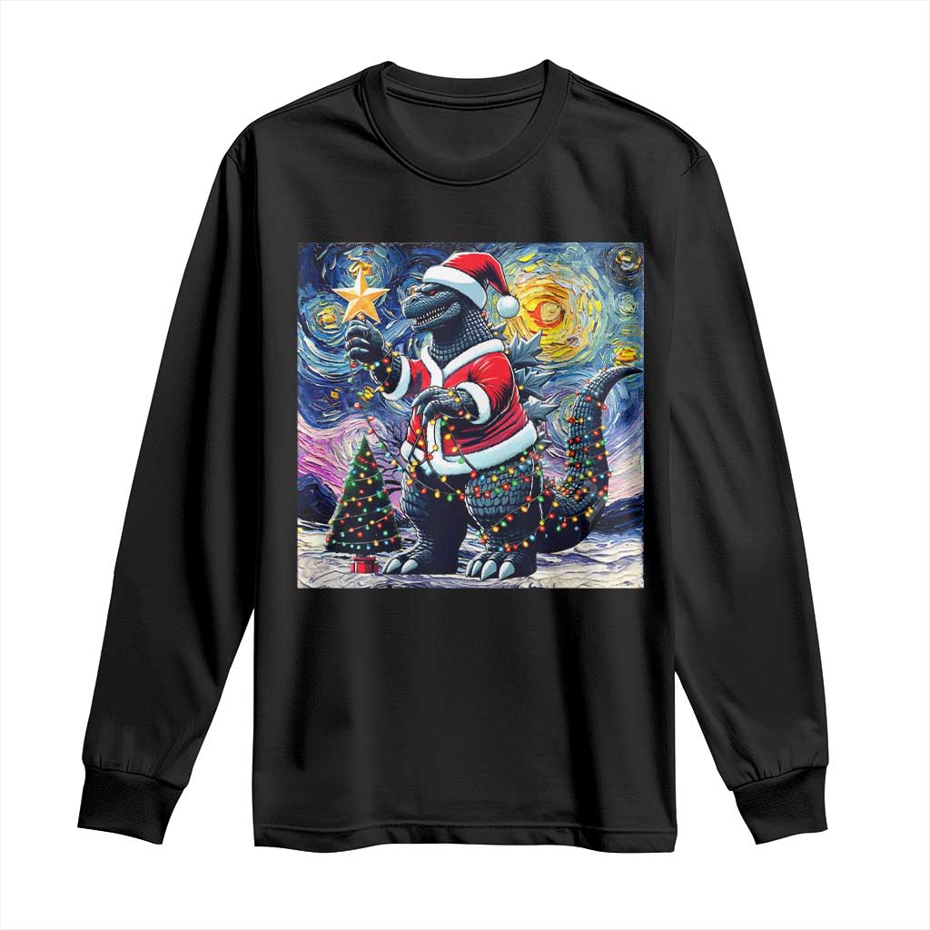 Funny Christmas Santa Godzilla Japanese Monster Starry Night Long Sleeve Shirt TS11 Black Print Your Wear