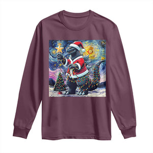 Funny Christmas Santa Godzilla Japanese Monster Starry Night Long Sleeve Shirt TS11 Maroon Print Your Wear