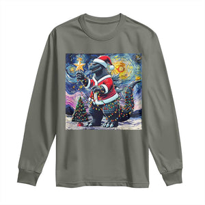 Funny Christmas Santa Godzilla Japanese Monster Starry Night Long Sleeve Shirt TS11 Military Green Print Your Wear