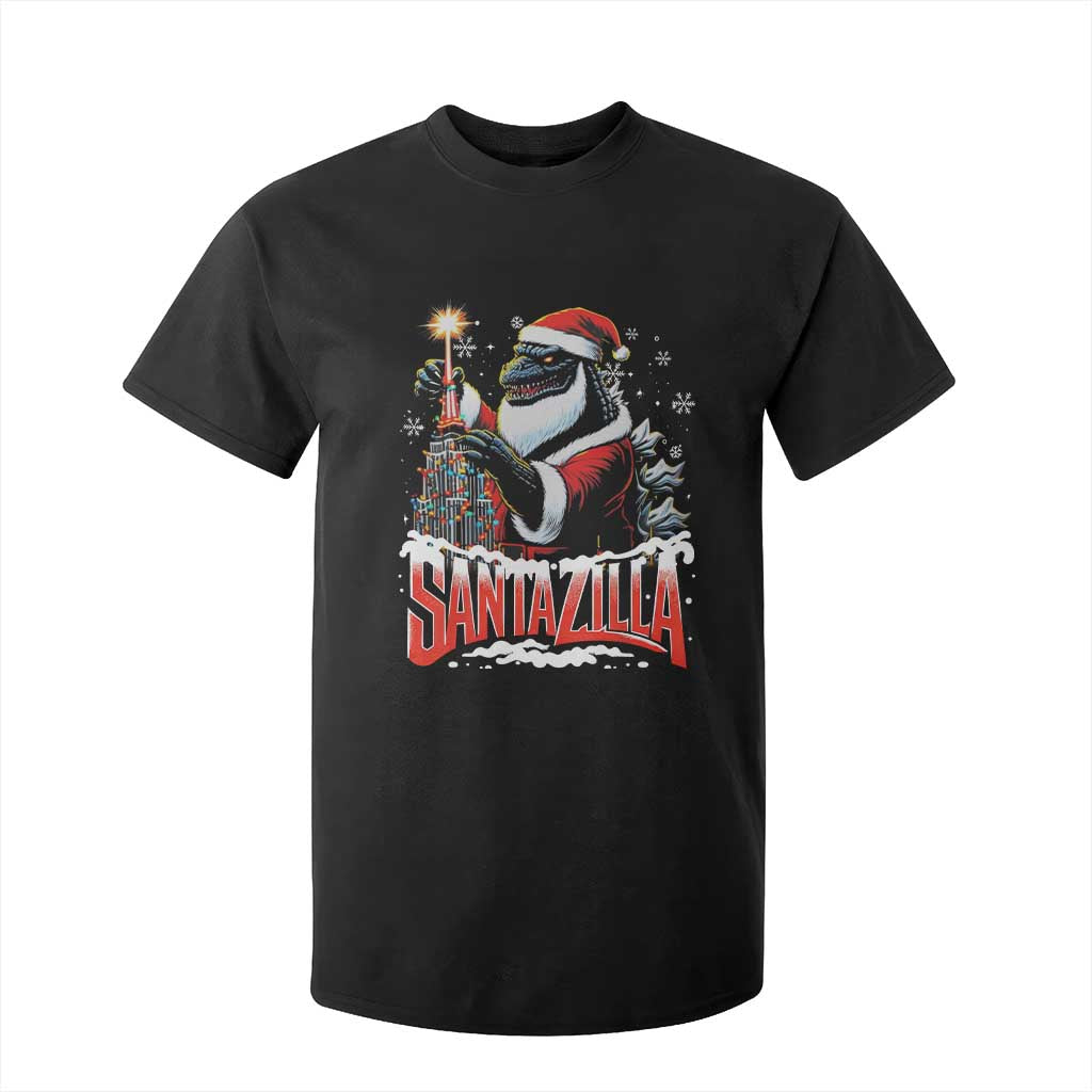 Funny Christmas Santa Godzilla T Shirt For Kid Santazilla Tower Xmas Tree TS11 Black Print Your Wear