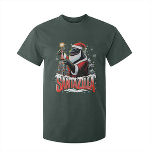 Funny Christmas Santa Godzilla T Shirt For Kid Santazilla Tower Xmas Tree TS11 Dark Forest Green Print Your Wear