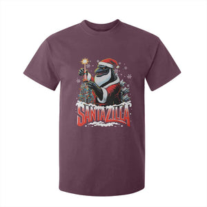 Funny Christmas Santa Godzilla T Shirt For Kid Santazilla Tower Xmas Tree TS11 Maroon Print Your Wear