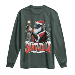 Funny Christmas Santa Godzilla Long Sleeve Shirt Santazilla Tower Xmas Tree TS11 Dark Forest Green Print Your Wear