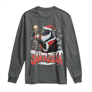 Funny Christmas Santa Godzilla Long Sleeve Shirt Santazilla Tower Xmas Tree TS11 Dark Heather Print Your Wear