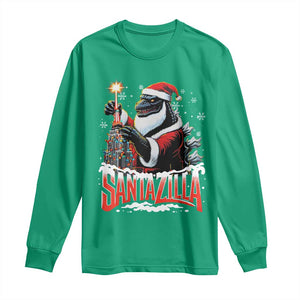 Funny Christmas Santa Godzilla Long Sleeve Shirt Santazilla Tower Xmas Tree TS11 Irish Green Print Your Wear