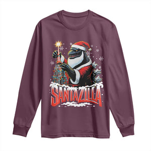 Funny Christmas Santa Godzilla Long Sleeve Shirt Santazilla Tower Xmas Tree TS11 Maroon Print Your Wear