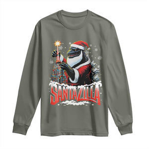 Funny Christmas Santa Godzilla Long Sleeve Shirt Santazilla Tower Xmas Tree TS11 Military Green Print Your Wear