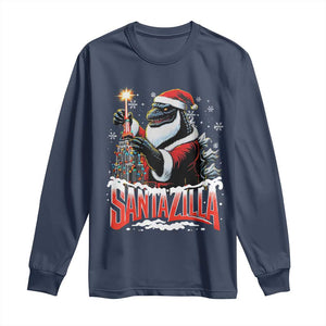 Funny Christmas Santa Godzilla Long Sleeve Shirt Santazilla Tower Xmas Tree TS11 Navy Print Your Wear