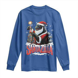 Funny Christmas Santa Godzilla Long Sleeve Shirt Santazilla Tower Xmas Tree TS11 Royal Blue Print Your Wear