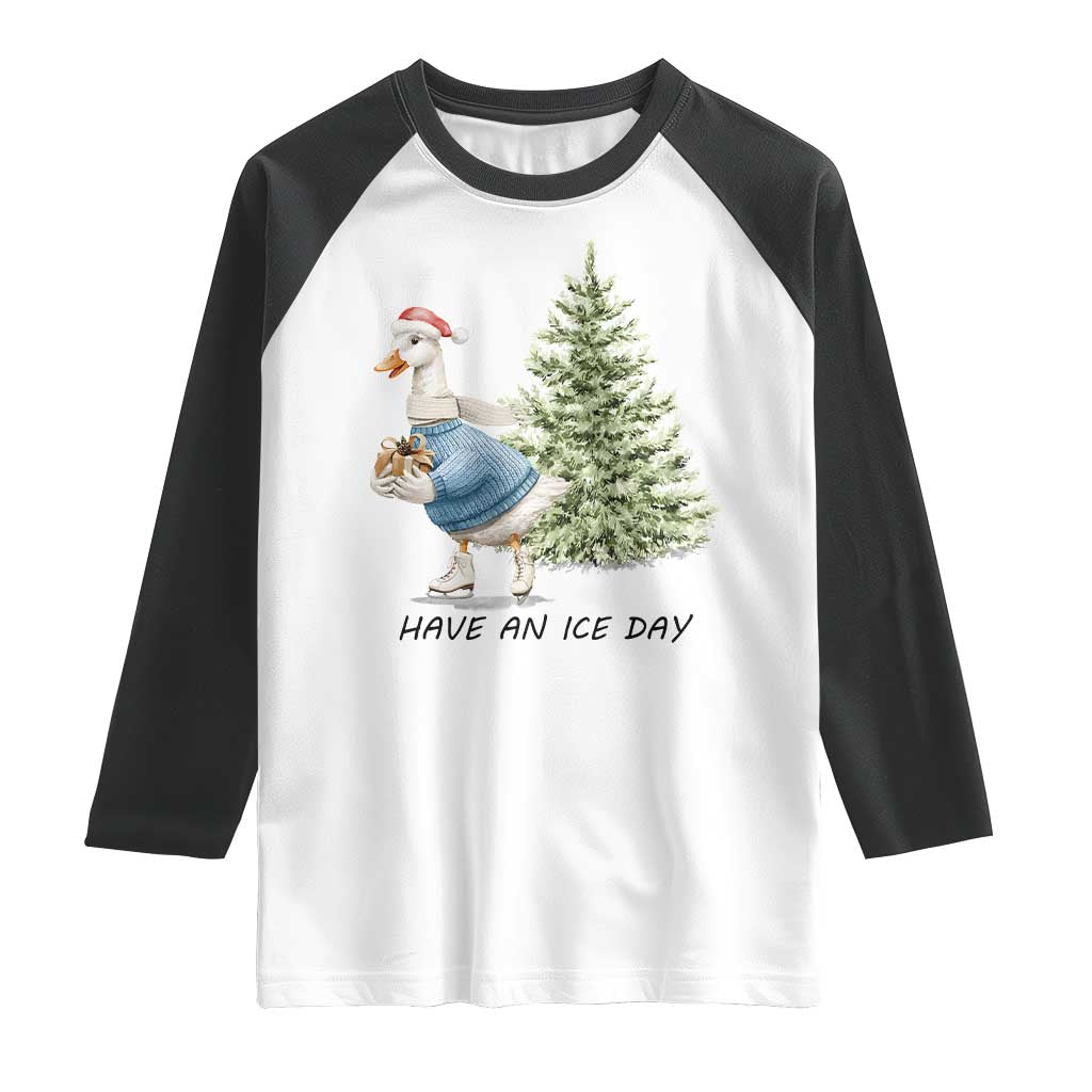 Funny Christmas Ice Skating Raglan Shirt Have An Ice Day Goose Xmas Tree TS11 White Black Print Your Wear