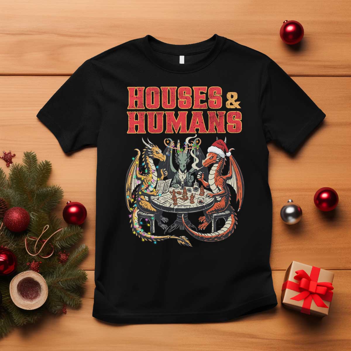 Funny Rpg Christmas Game T Shirt Houses And Humans Tabletop Game Xmas Dragon TS11 Black Print Your Wear