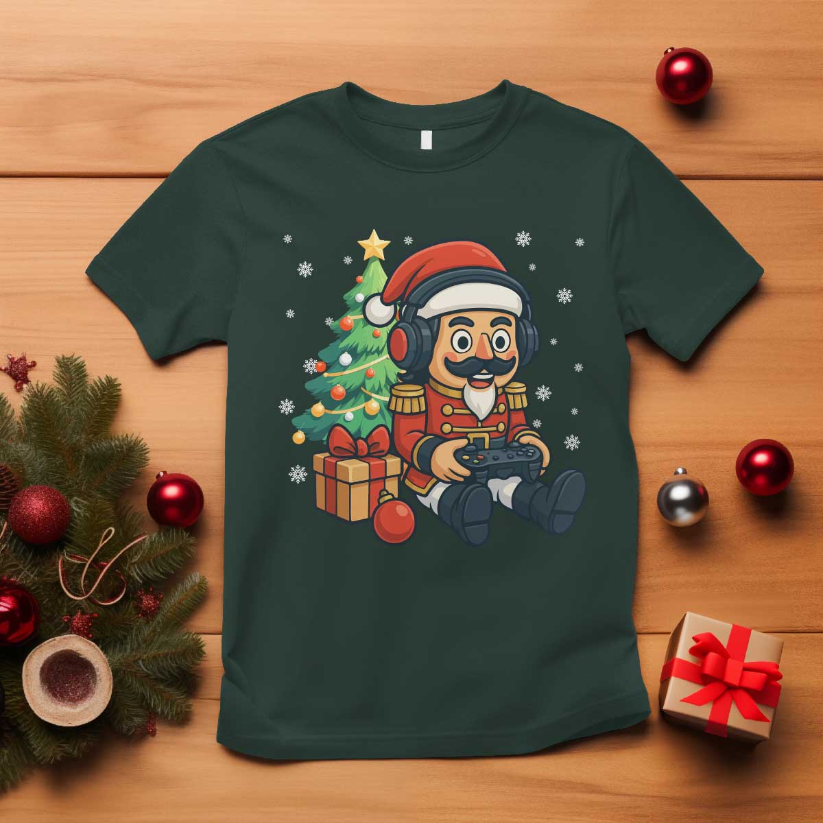 Funny Christmas Video Game Nutcracker Xmas Tree Gamer T Shirt TS11 Dark Forest Green Print Your Wear