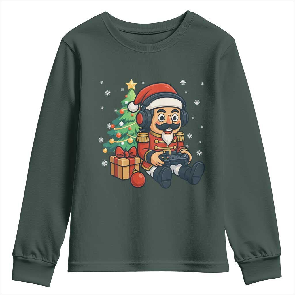 Funny Christmas Video Game Nutcracker Xmas Tree Gamer Youth Sweatshirt TS11 Dark Forest Green Print Your Wear