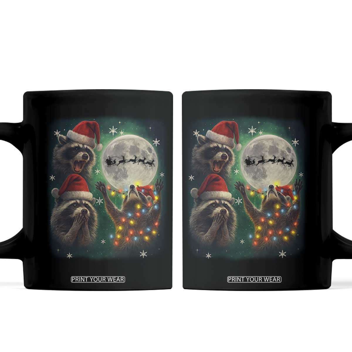 Funny Three Raccoons With The Moon Christmas Coffee Mug Santa Sleigh TS11 Black Print Your Wear