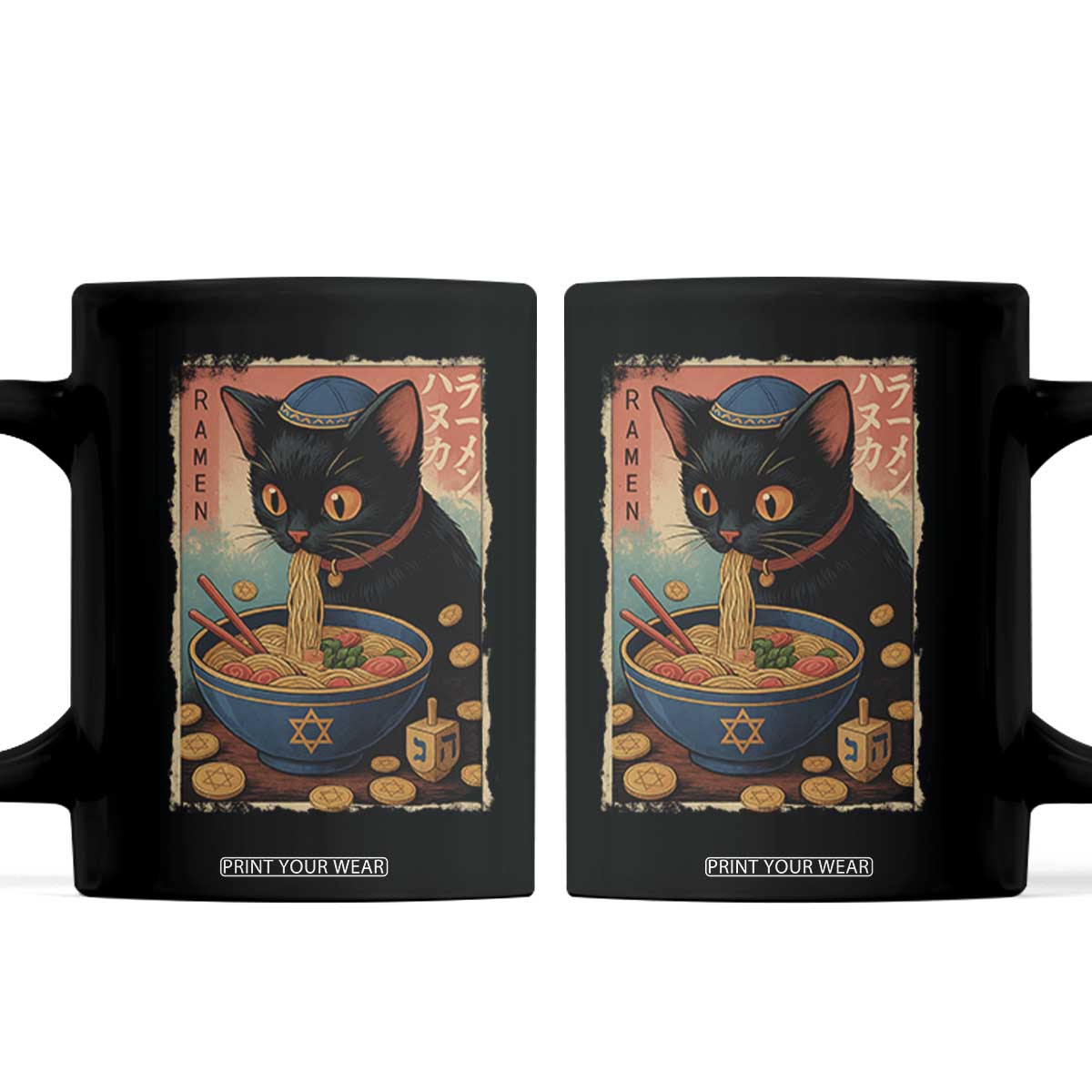 Cat Ramen Hanukkah Coffee Mug Japanese Kawaii Anime Chanukah Cat TS11 Black Print Your Wear