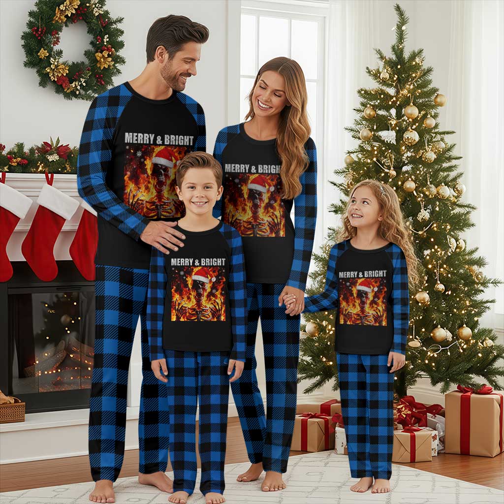 Funny Merry And Bright Plaid Pajama Set Christmas Chaos Xmas Skeleton Fire Flames TS11 Blue Plaid Print Your Wear