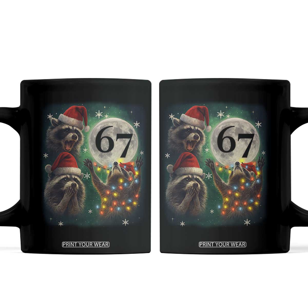 Funny Christmas Three Raccoons 67 Coffee Mug Trash Panda Moon Howling Six Seven Meme TS11 Black Print Your Wear