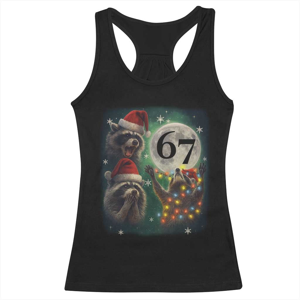 Funny Christmas Three Raccoons 67 Racerback Tank Top Trash Panda Moon Howling Six Seven Meme TS11 Black Print Your Wear