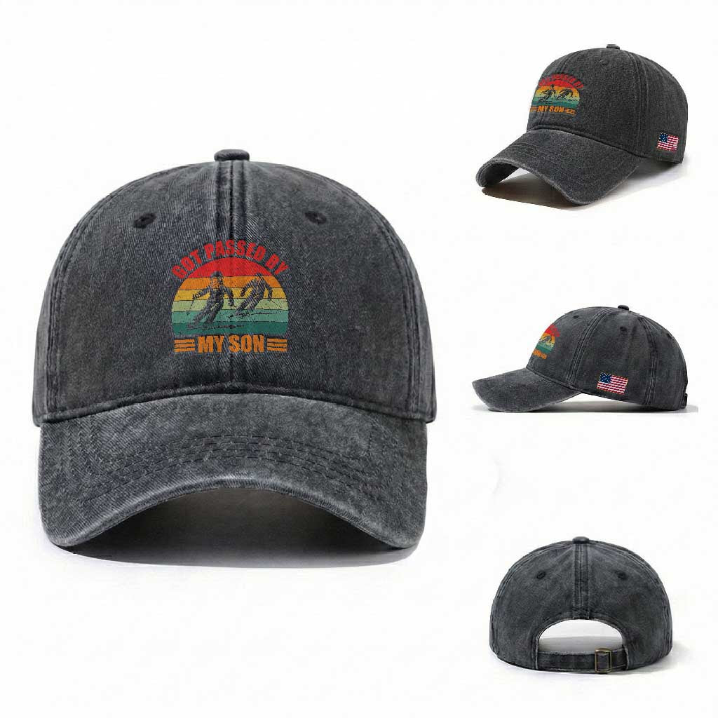 Funny Skiing Ski Dad Washed Cotton Baseball Cap Got Passed By My Son Retro Vintage TS11 Washed Cap Universal Fit Dark Gray Print Your Wear