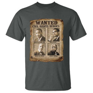Black Leaders T Shirt Wanted Civil Rights Heroes MLK Malcolm X Web John Lewis TS11 Dark Heather Print Your Wear