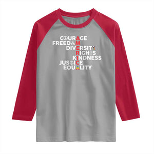 America Courage Freedom Diversity Rights Friendship Justice Raglan Shirt TS11 Sport Gray Red Print Your Wear