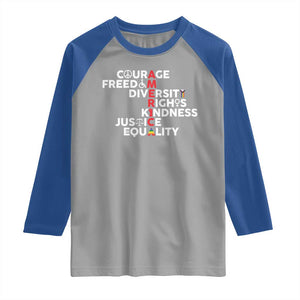 America Courage Freedom Diversity Rights Friendship Justice Raglan Shirt TS11 Sport Gray Royal Print Your Wear