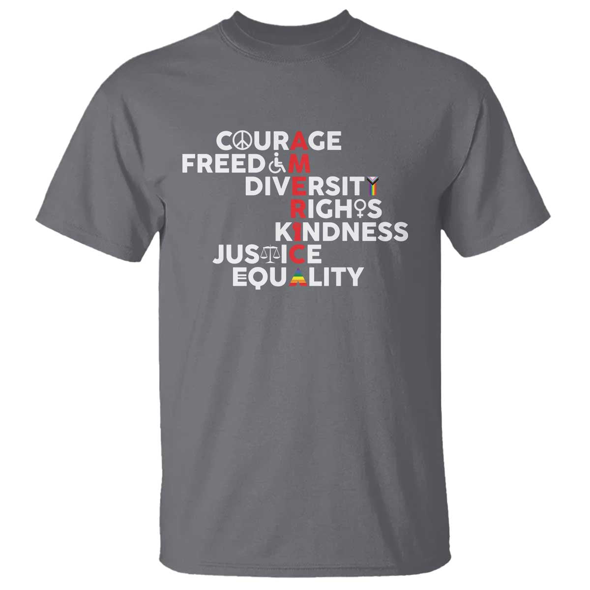 America Courage Freedom Diversity Rights Friendship Justice T Shirt TS11 Charcoal Print Your Wear