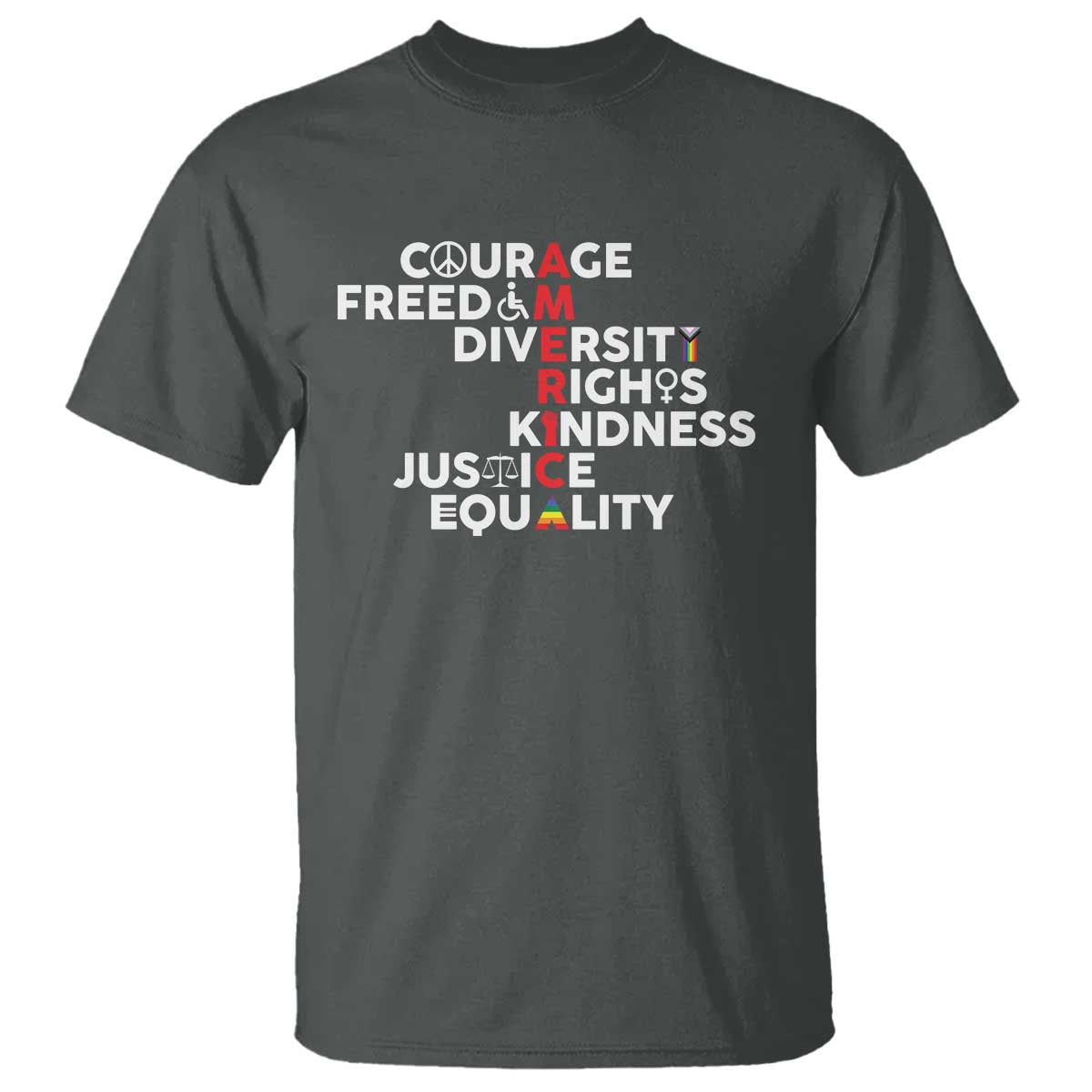 America Courage Freedom Diversity Rights Friendship Justice T Shirt TS11 Dark Heather Print Your Wear