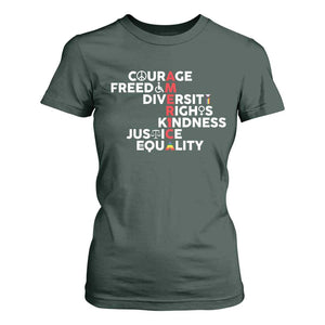 America Courage Freedom Diversity Rights Friendship Justice T Shirt For Women TS11 Dark Forest Green Print Your Wear