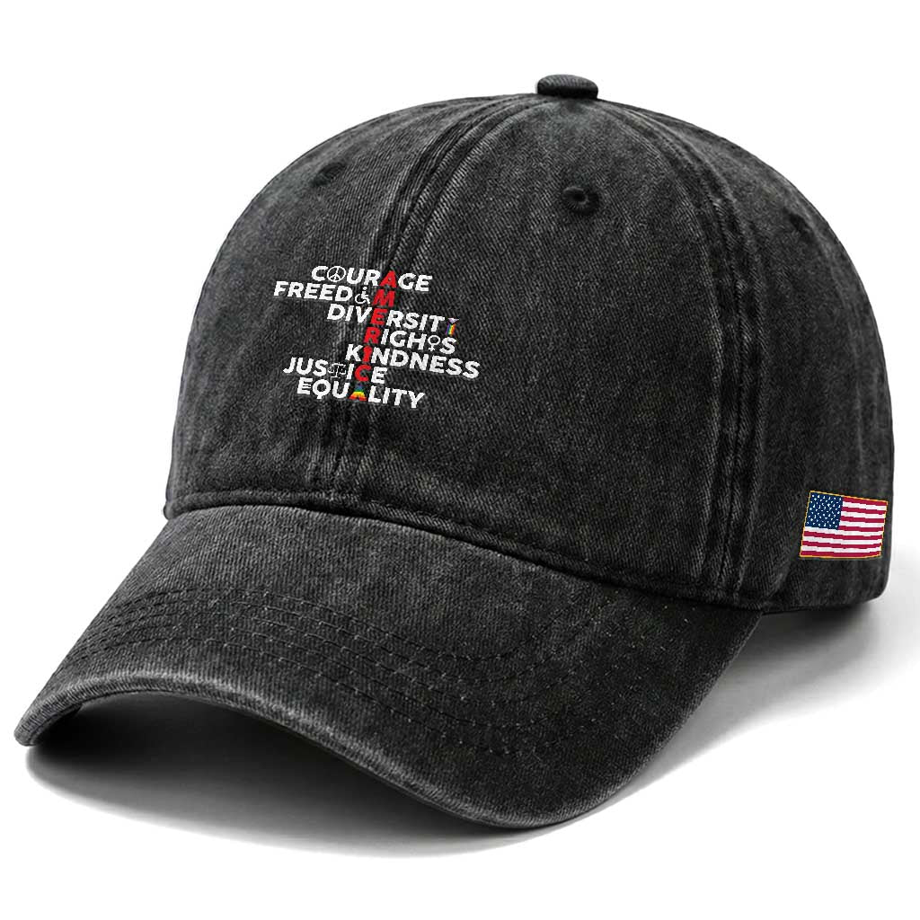 America Courage Freedom Diversity Rights Friendship Justice Washed Cotton Baseball Cap TS11 Print Your Wear