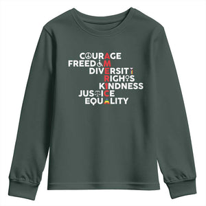 America Courage Freedom Diversity Rights Friendship Justice Youth Sweatshirt TS11 Dark Forest Green Print Your Wear