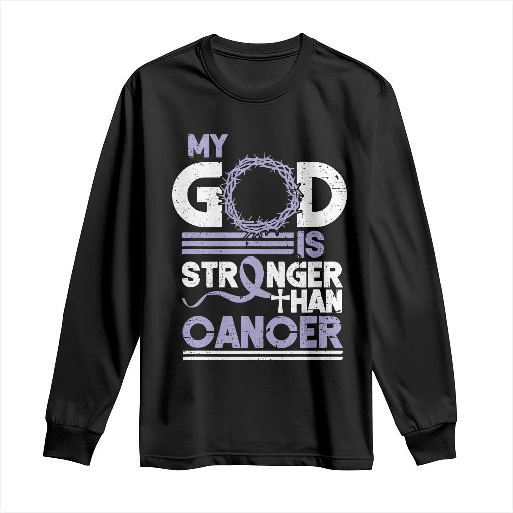 All Cancer Awareness Long Sleeve Shirt My God Is Stronger Than Cancer Lavender Ribbon TS11 Black Print Your Wear