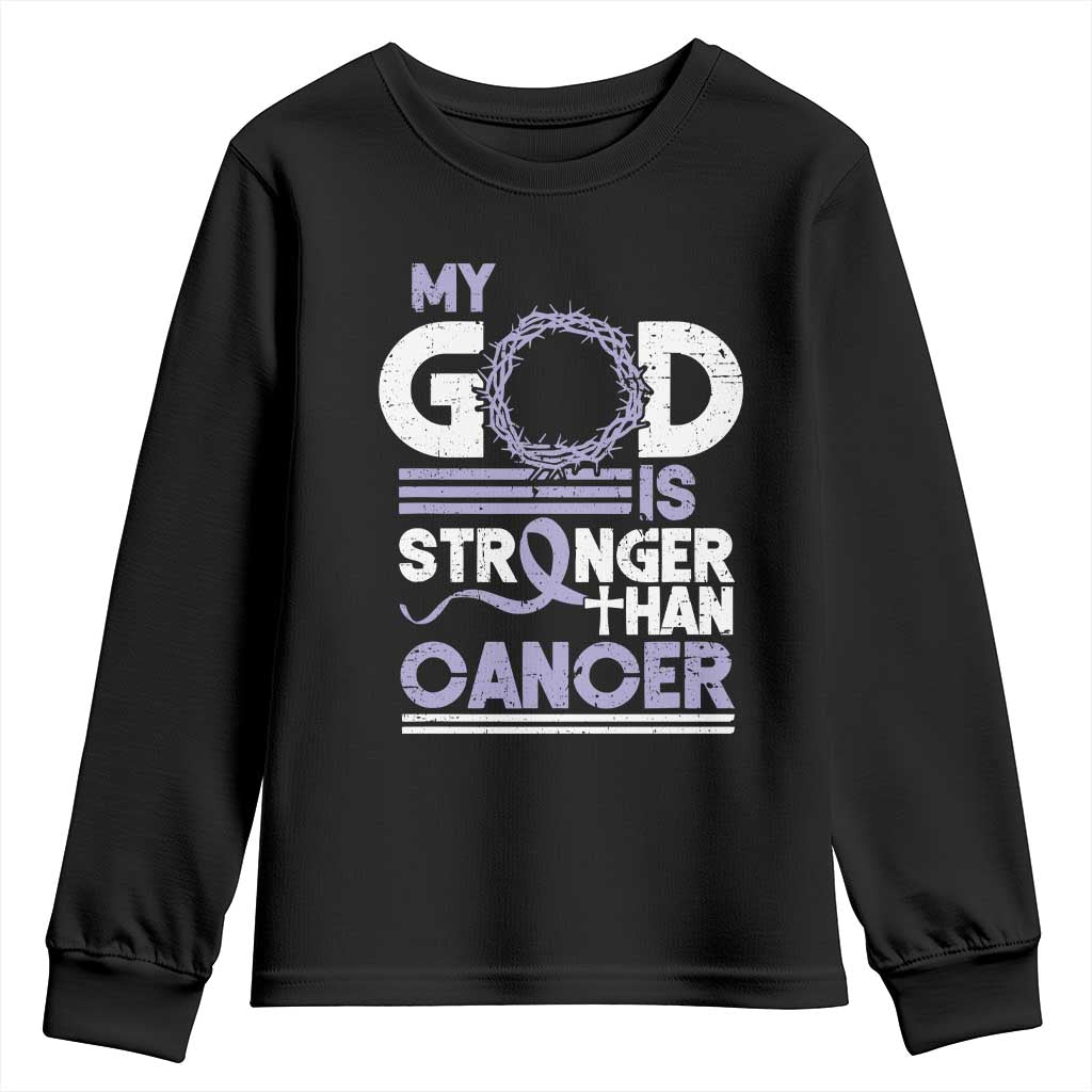 All Cancer Awareness Youth Sweatshirt My God Is Stronger Than Cancer Lavender Ribbon TS11 Black Print Your Wear
