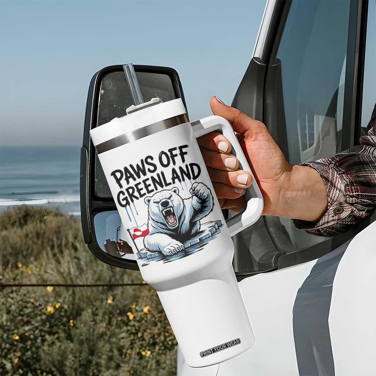 Paws Off Greenland Tumbler With Handle Resist Polar Bear Political Satire TS11 Print Your Wear