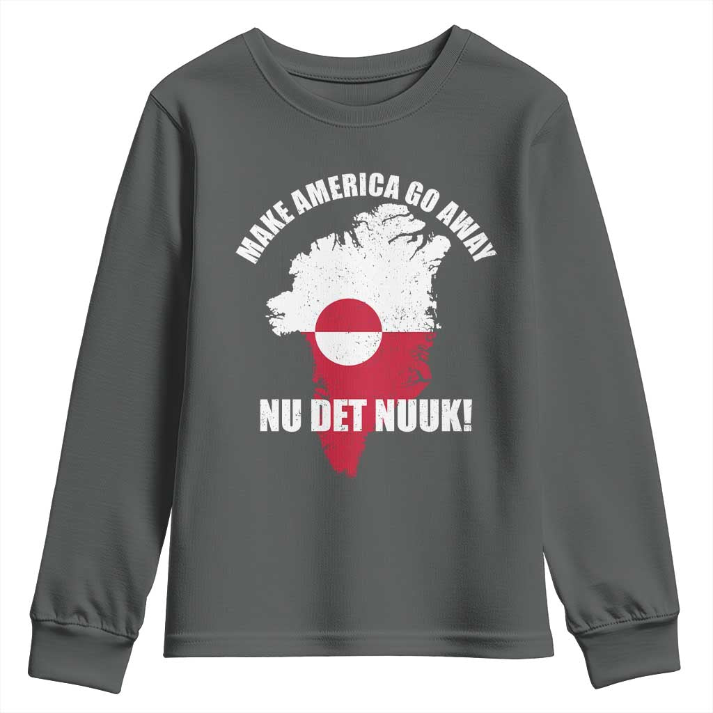 Nu Det Nuuk Make America Go Away Youth Sweatshirt Support Greenland Political Statement TS11 Dark Heather Print Your Wear