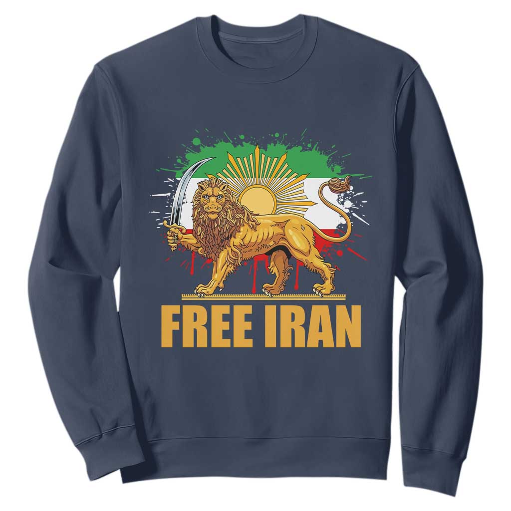 Free Iran Sweatshirt Iran Flag Lion And Sun Persian Pride Iranian Protests TS11 Navy Print Your Wear